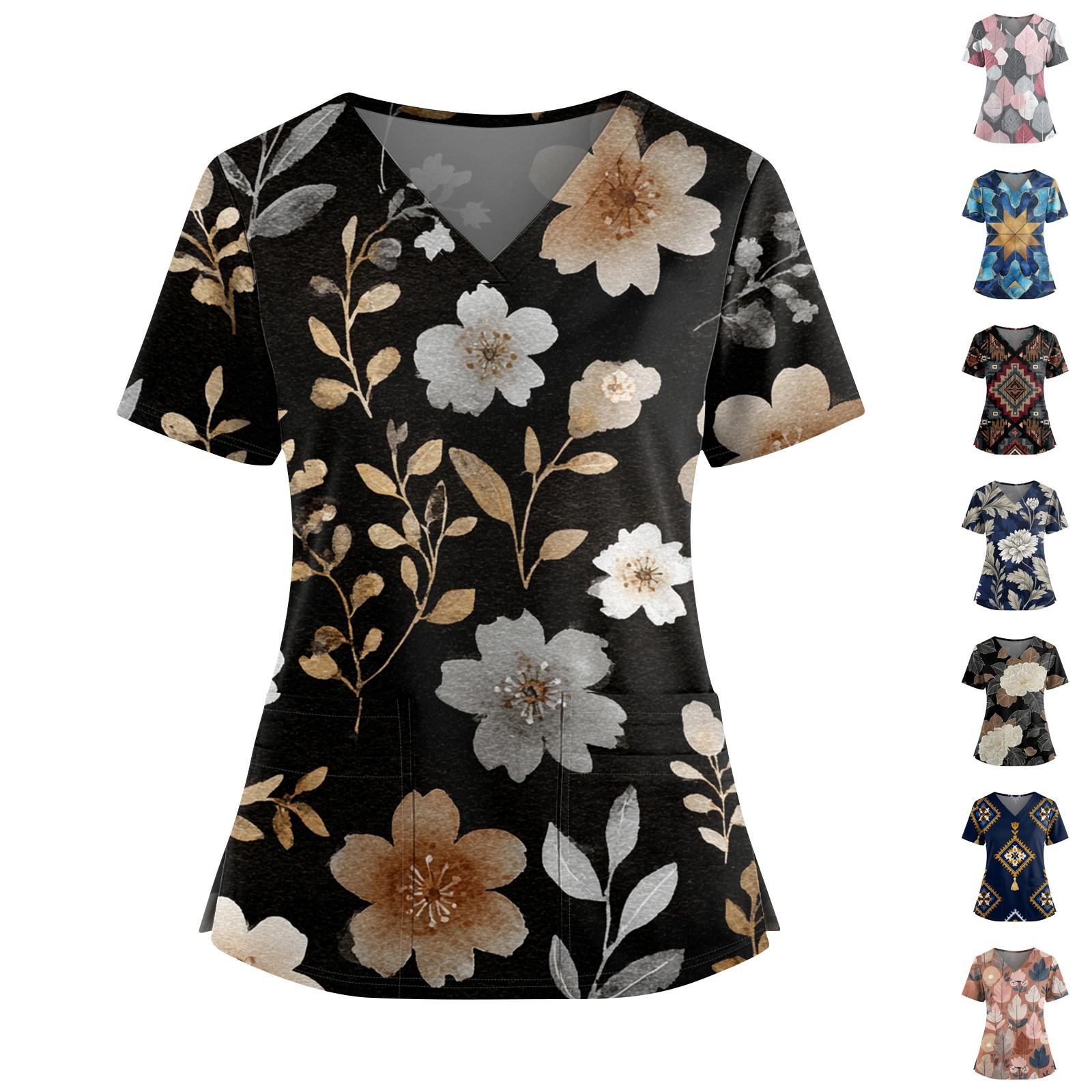 

Ladies Fashionable Floral Print V-neck Double Pocket Short Sleeved Shirt With Slit Hem And Protective Worker s Top S рожевий