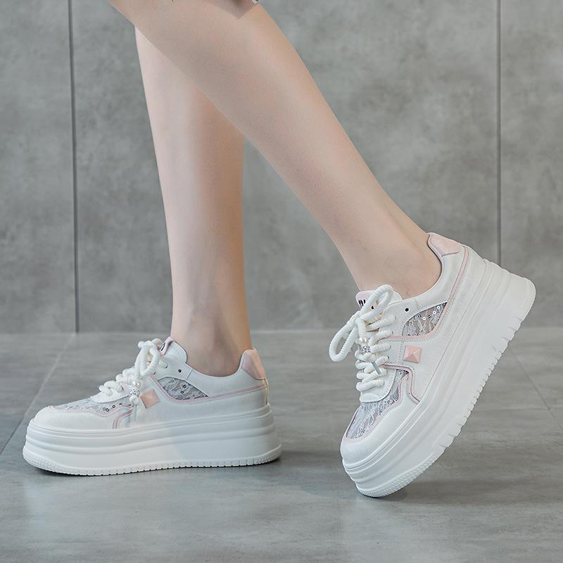 Fashion Mesh white shoes for women 2025 new spring hot items versatile sports genuine leather lace mesh sole board shoes