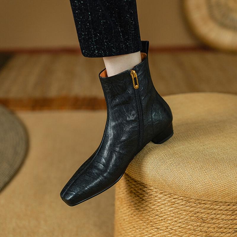 Fashion NEW Autumn Women Boots Gnueine Leather Shoes for Women Square Toe Low Heel Shoes Black Zipper Ankle Boots Handmade Modern Boots