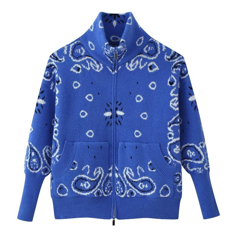 Women Long Sleeve Knit Cardigan Jacket Zipper Decor Geometric Pattern Loose Fit