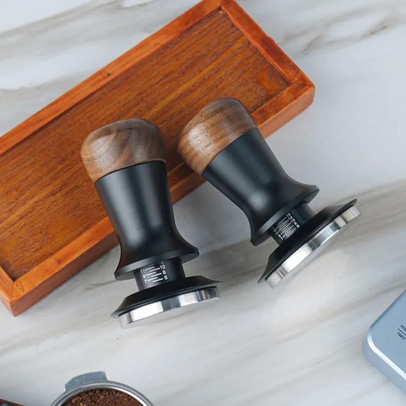 51/53/58mm Espresso Coffee Tamper Walnut Adjustable Height Constant Force Coffee Tamper Stainless Steel Base Internal Spring