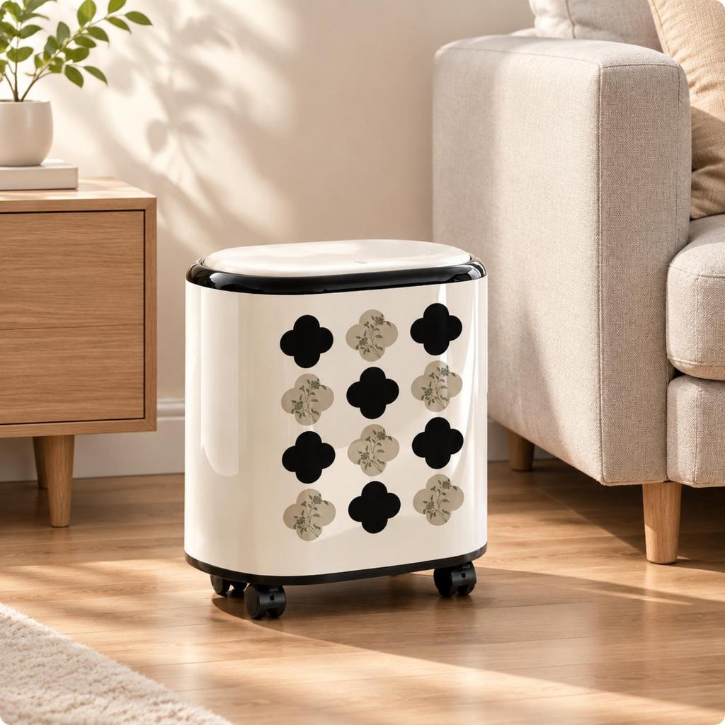 Wheeled Trash Bin with Floral Pattern Lidded Compact Rolling Waste Portable Can