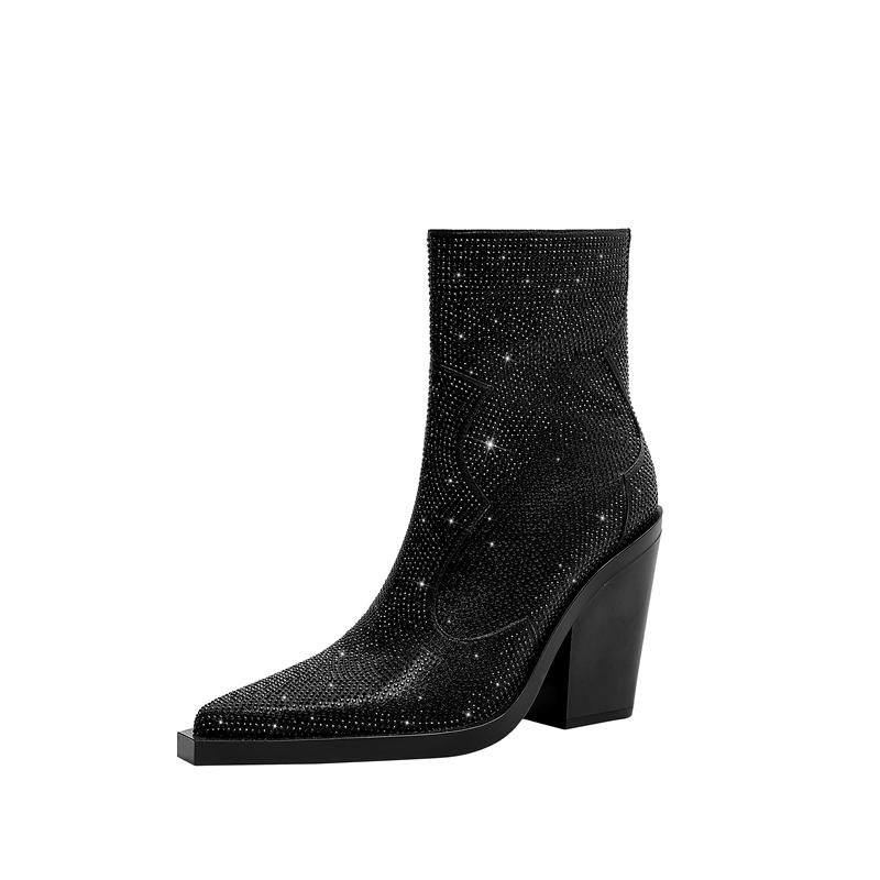 

Fashion Kaky s New Pointed Rhinestone Thick High Heels Large Women s Boots Short Boots Western Boots 265 чёрный