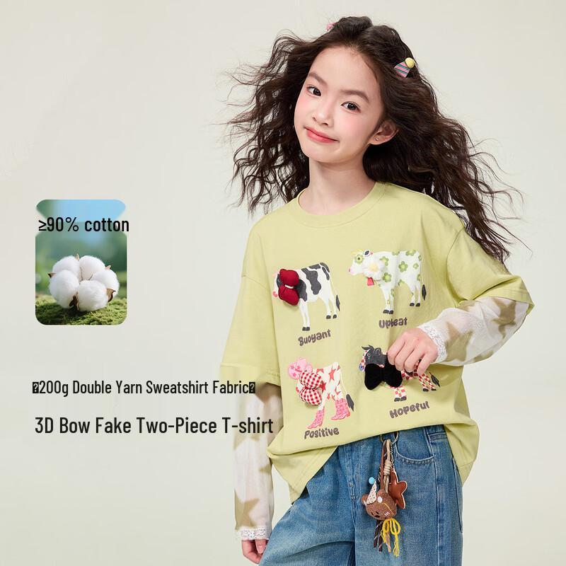 Girls  Spring Cartoon Ox Faux 2-Piece Long-Sleeve T-Shirt 150
