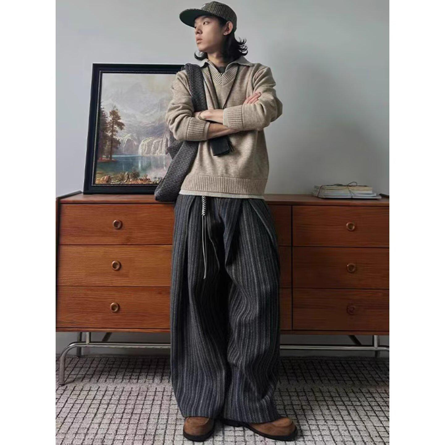 

2026 Trend Striped Wool Pleated Casual Pants - Versatile, Simple, Lazy Style Large темно-сірий
