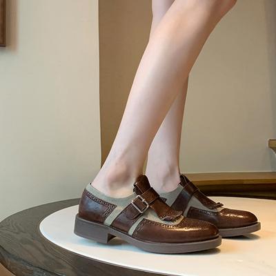 Grape Mom Studiolee Heavy Industry Horse Leather British Style Retro Thick Heel Fringed Carved Baroque Leather Shoes Women
