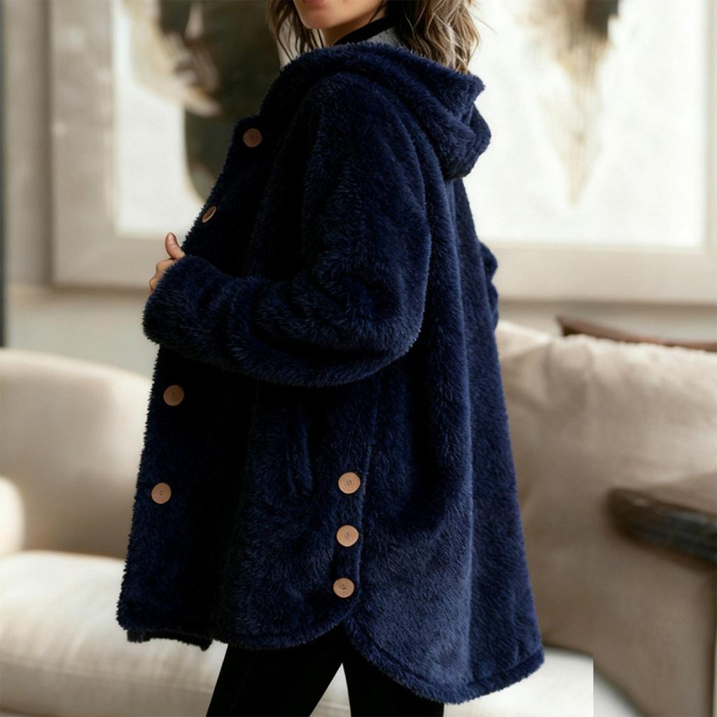 Women's Fashion Fuzzy Color Button Pocket Hooded Long Sleeve Loose Warm Jacket
