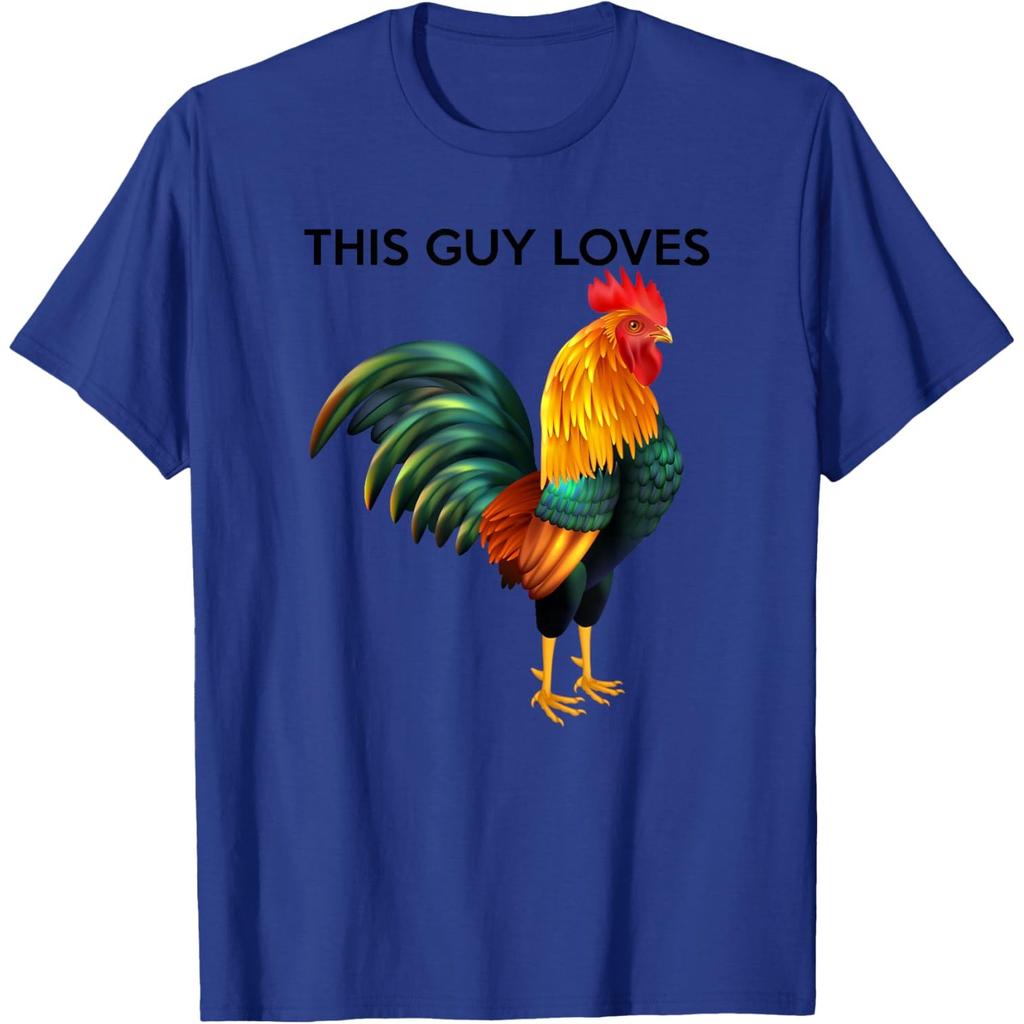 Funny Rooster Graphic Tee This Guy Loves Chicken Print Casual Cotton T-Shirt