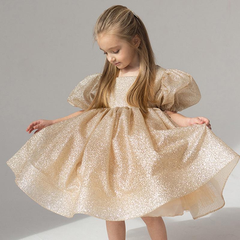 Bubble Sleeve Princess Dress Flower Girl Baptism Gown for Kids' Party Piano Performance Pageant