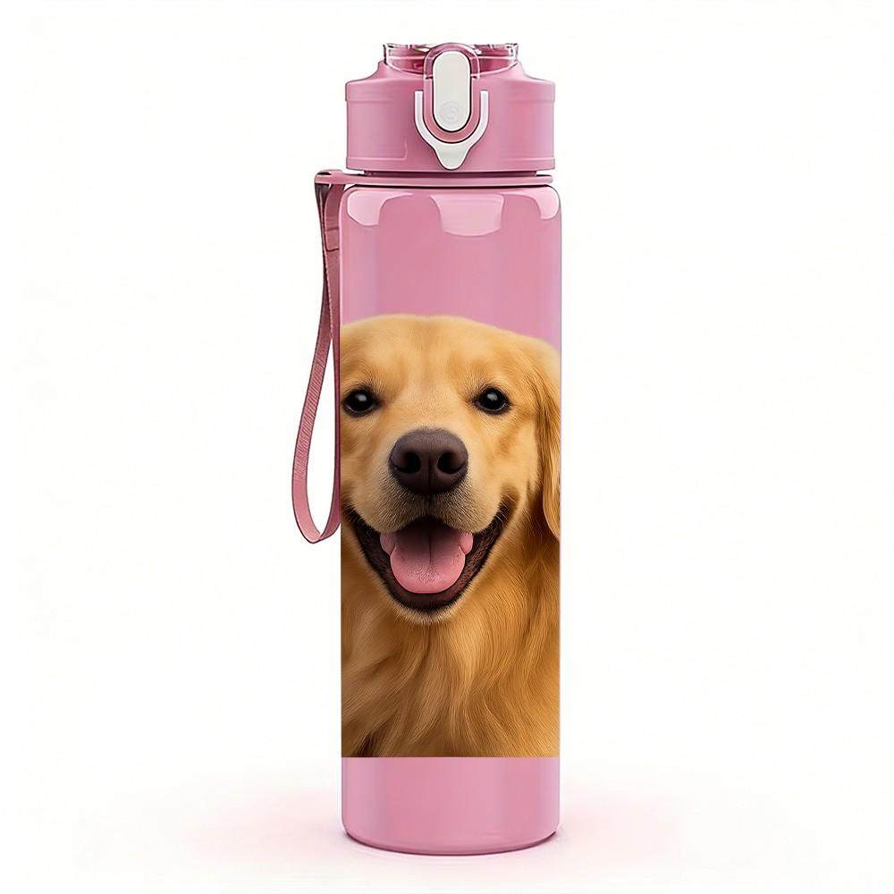1PC Happy Golden Retriever 750ml Color Plastic Sports Water Bottle Leakproof Flip Straw Lid Suitable for Sports Office Home Use