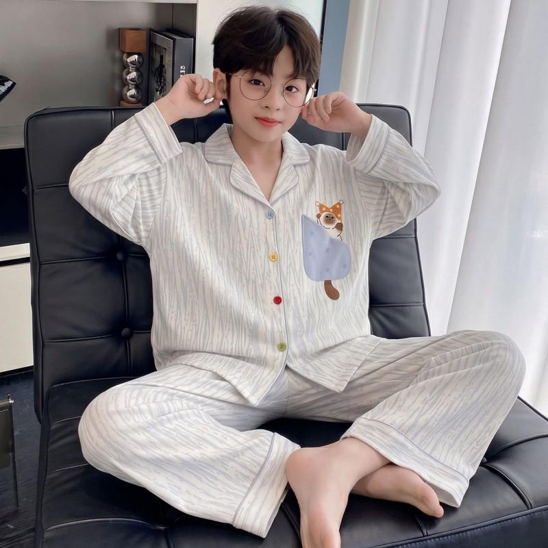 Boys Cotton Pajama Set Long Sleeve Open Front Cartoon Print Home Wear Kids Teens