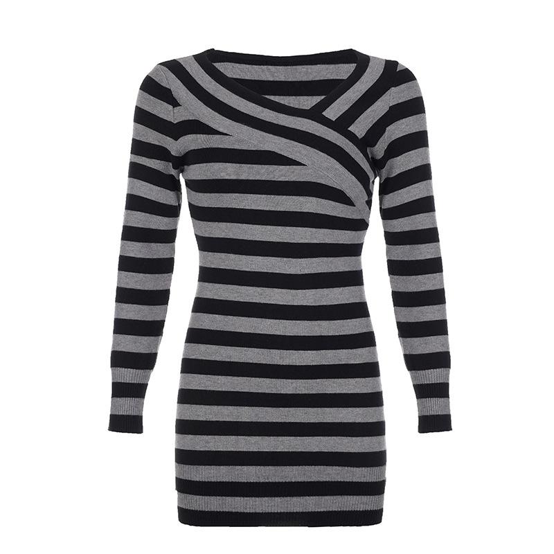 

Элегантное полосатое вязаное платье, женское осеннее тонкое модное пуловер с длинным рукавом, платья-свитера S чёрный