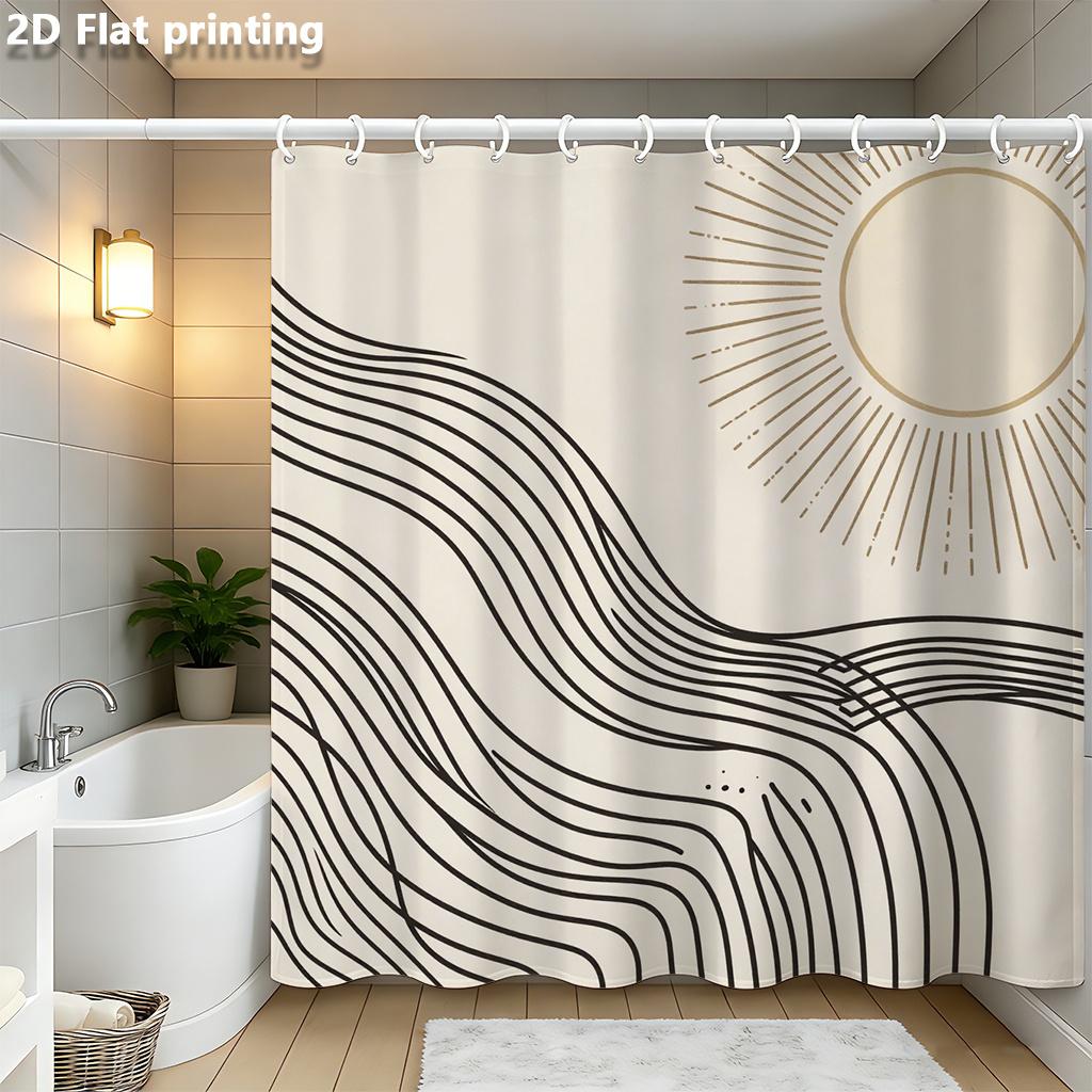 

Abstract Wave & Golden Sun Shower Curtain 1Pc With 12 Hooks Polyester 2D Flat Print 70.8X70.8 Inch For Bathroom Decor W60H190(CM)-1 Pcs