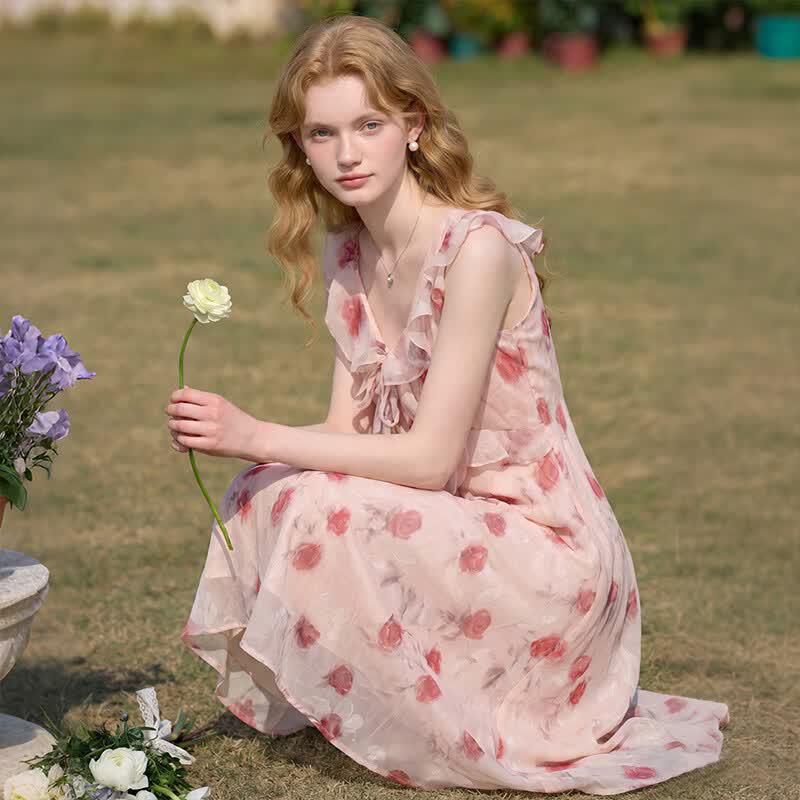 Westlink Women's Floral Ruffle Chiffon Sling Dress