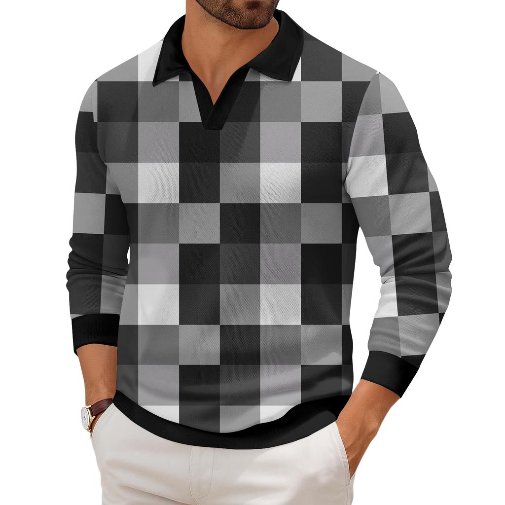 Men's Casual Fashion Printed Lapel Long-sleeved Knitted Bottoming Shirt Top