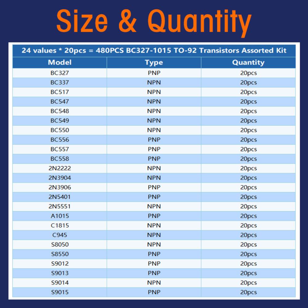 480/840PCS NPN PNP DIP transistor kit Box 24 Values TO-92 Triode Transistor set 2N2222 C1815 BC547 S8050 2N3904 BC337 S9015 2N3