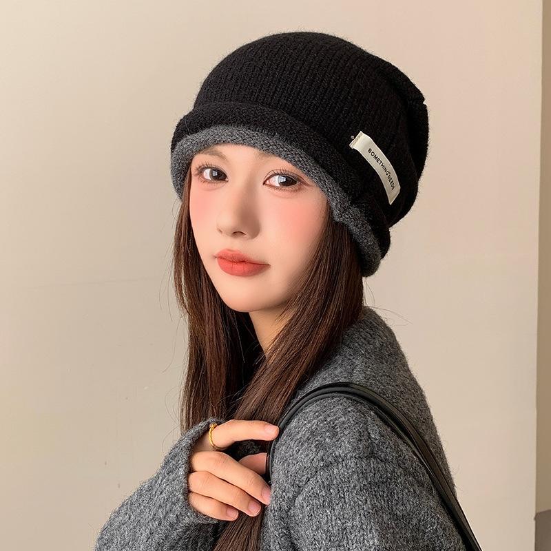 Drawstring Rolled Edge Woolen Hat for Women High End Striped Pile Hat Autumn and Winter Versatile Casual Warm Knitted Hat Baotou Hat