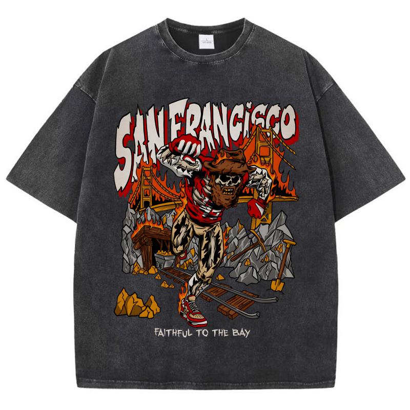 

American Washed retro and worn out T-Shirt for men Women Loose Oversized Clothes San Francisco Skeleton Miner Graphic Streetwear 4XL