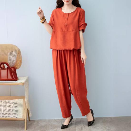 Women's Cotton Linen 2-Piece Outfit Casual Short Sleeve Crew Neck Top And Long Pants