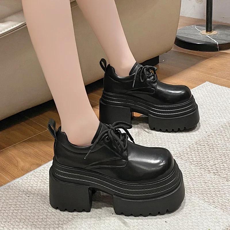Fashion 10cm New 2025 Spring Women's Leather Sneakers High Platform Lace-up Casual Shoes Thick Sole Heels Walking Shoes Zapatos Mujer