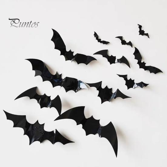 Halloween Party Wall Decor 12Pcs Bats Decals, 3D Bat Stickers for Home Decor, Hanging Decorations 4 Size Waterproof Black Spooky Bedroom Living