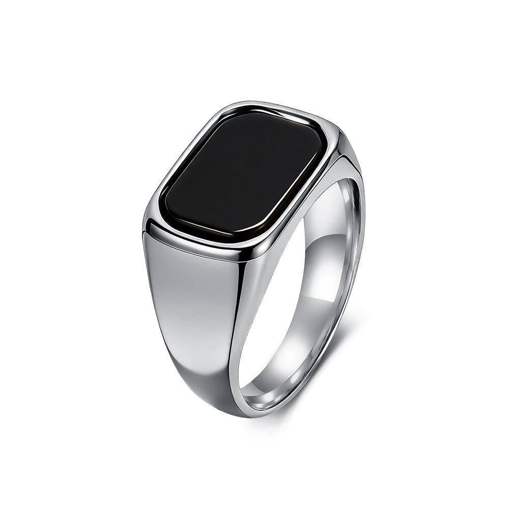 Cold Wind Square Black Gemstone Titanium Steel Ring Men's Niche High-end Sense Literary Temperament Ring