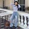 RUMM Jeans Women's American High Street Heavy Industry Patch Splicing Pants Vintage Washed Wide Leg Drop Casual Pants