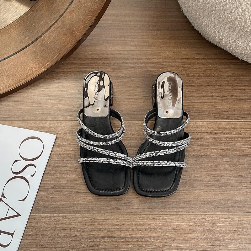 

Coarse heel fashion sandals women s 2025 summer new open-toed high-heeled sandals wear rhinestones temperament versatile one-word drag tide 35 чёрный