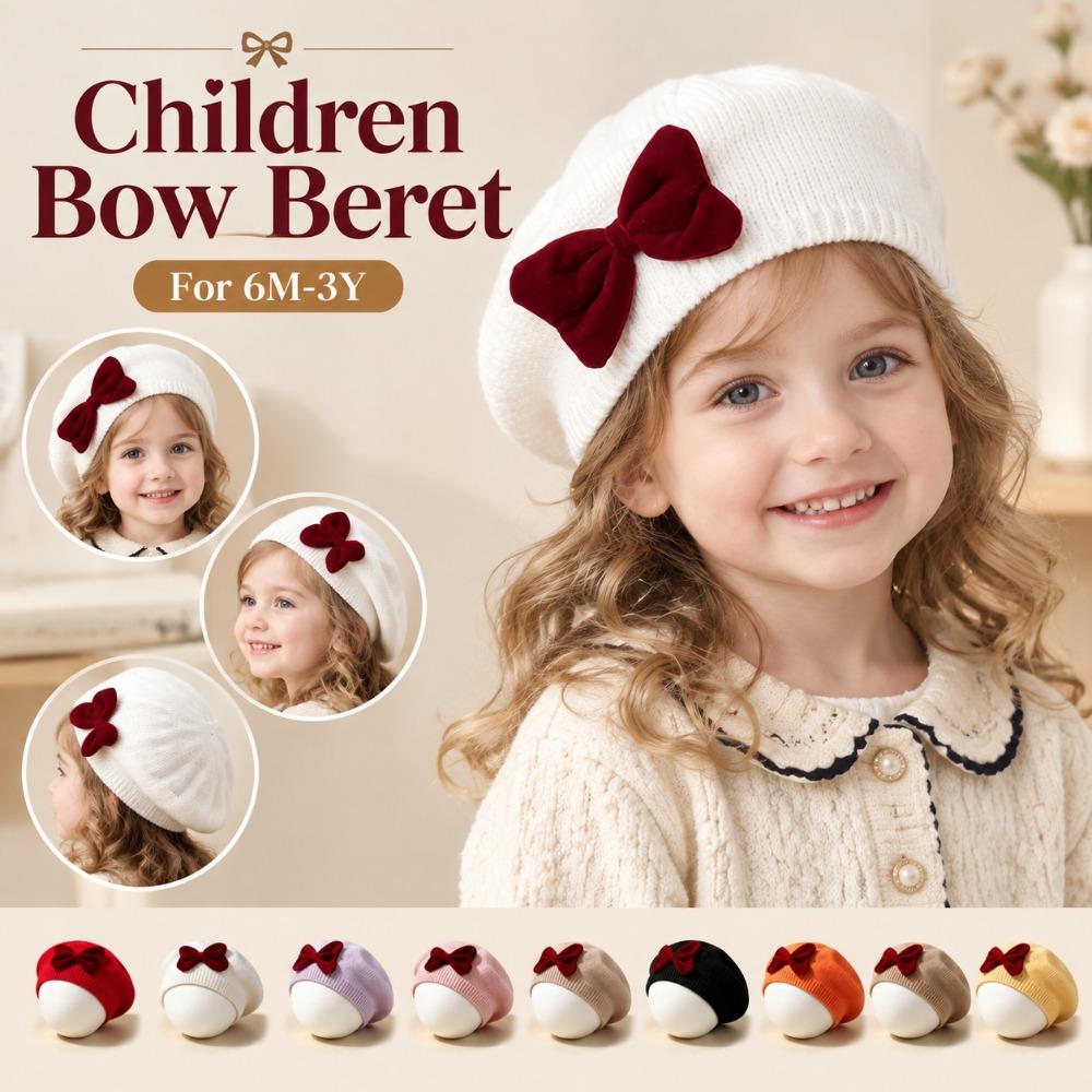Solid Color Girls Bow Hat Warm Kid Beret Cap Fashion Children Bow Beret  For 6M-3Y