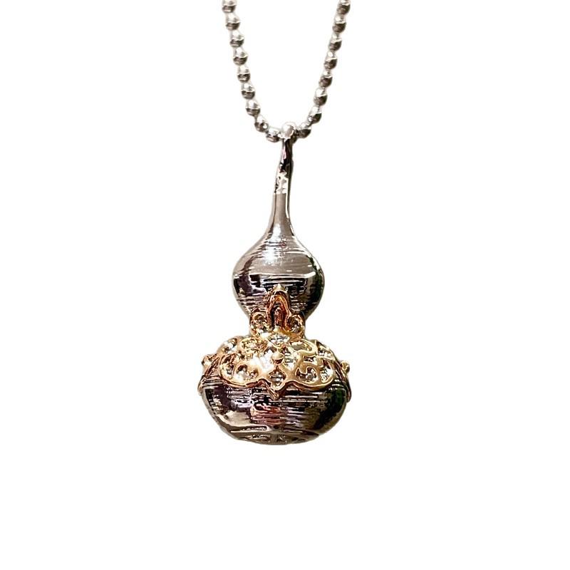 Chinese Retro Silver Gourd Necklace with Gold Hollow Carved Details - Clavicle Sweater Chain