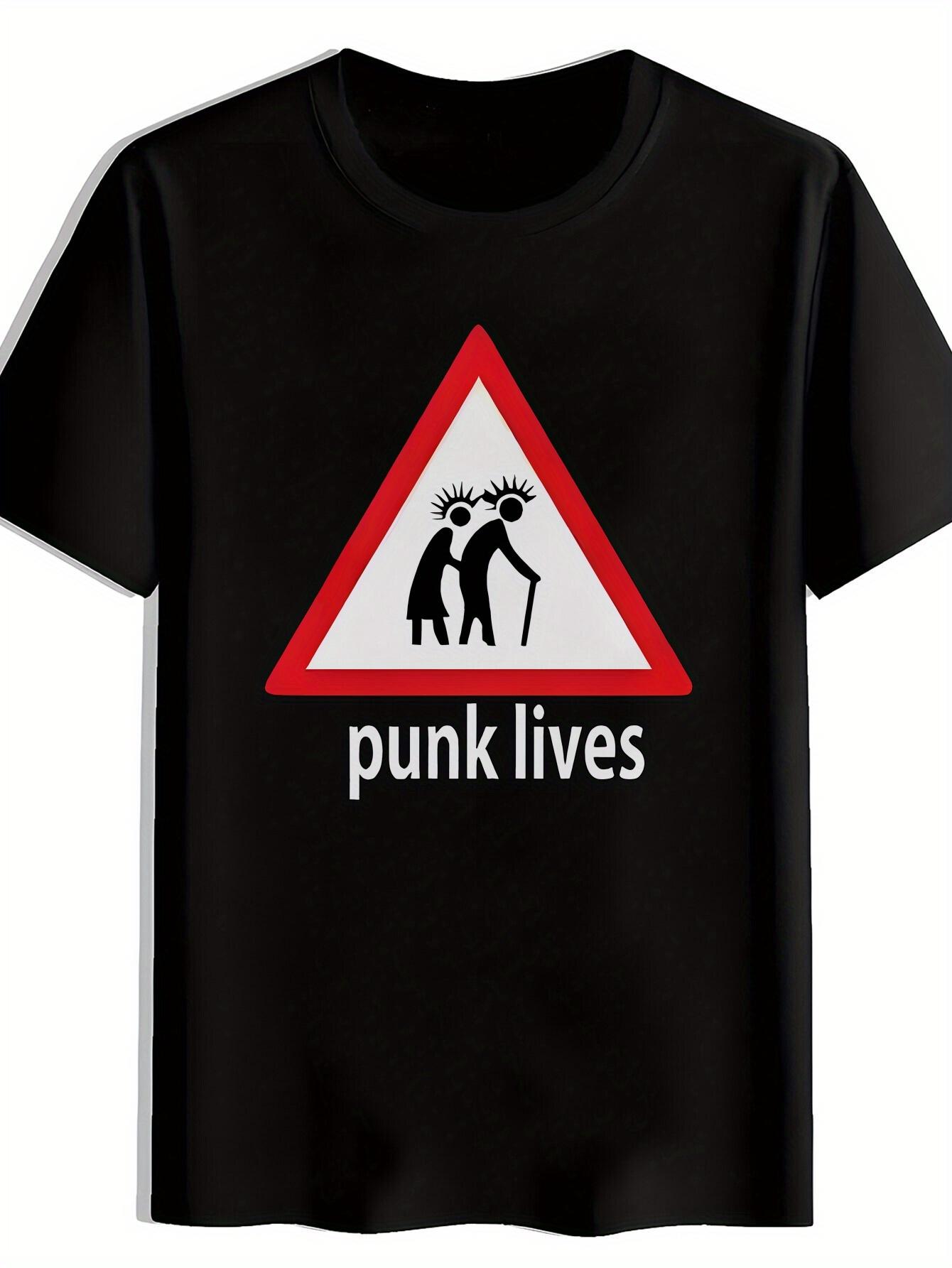 [Punk Inspired Graphic Tee] Adult Summer Casual Crew Neck Polyester T-shirt with Punk-Inspired Triangular Design -  Punk Lives  Text XL