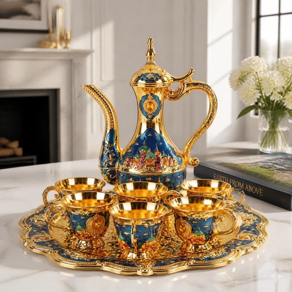 Zinc Alloy Turkish Coffee Pot Set Shiny Crystal Tray Metal Cup Set Wine Server Set Table Decor