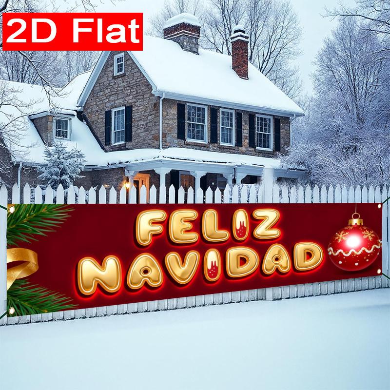 Spanish Christmas Banner, Red & Golden Spanish Lettering Design, Durable Polyester Outdoor Porch Fence Garden Party No Electricity Decoration