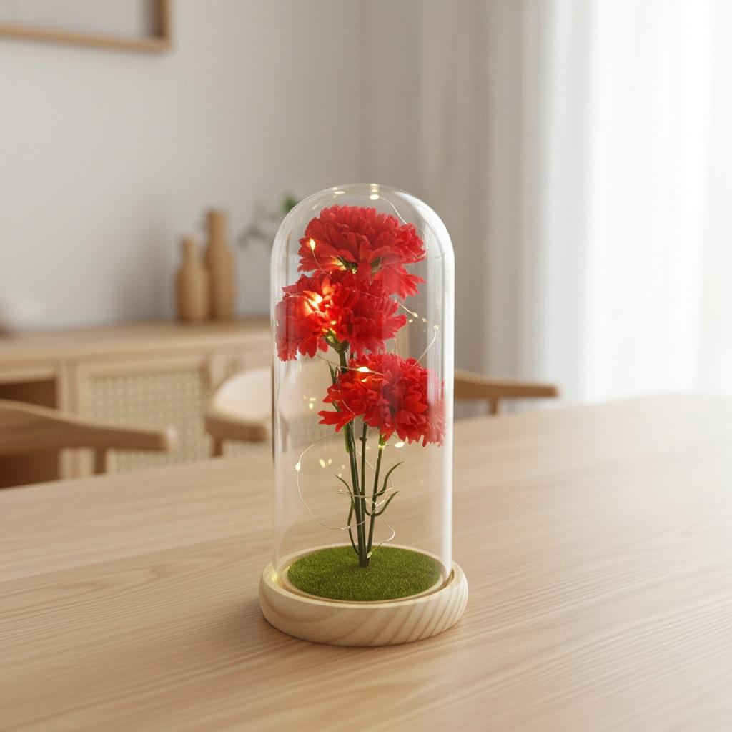 Simulation Carnation Soap Flower Eternal Flower Glass Cover Mother's Day Gift for Mom Valentine's Day Gift Teachers' Day