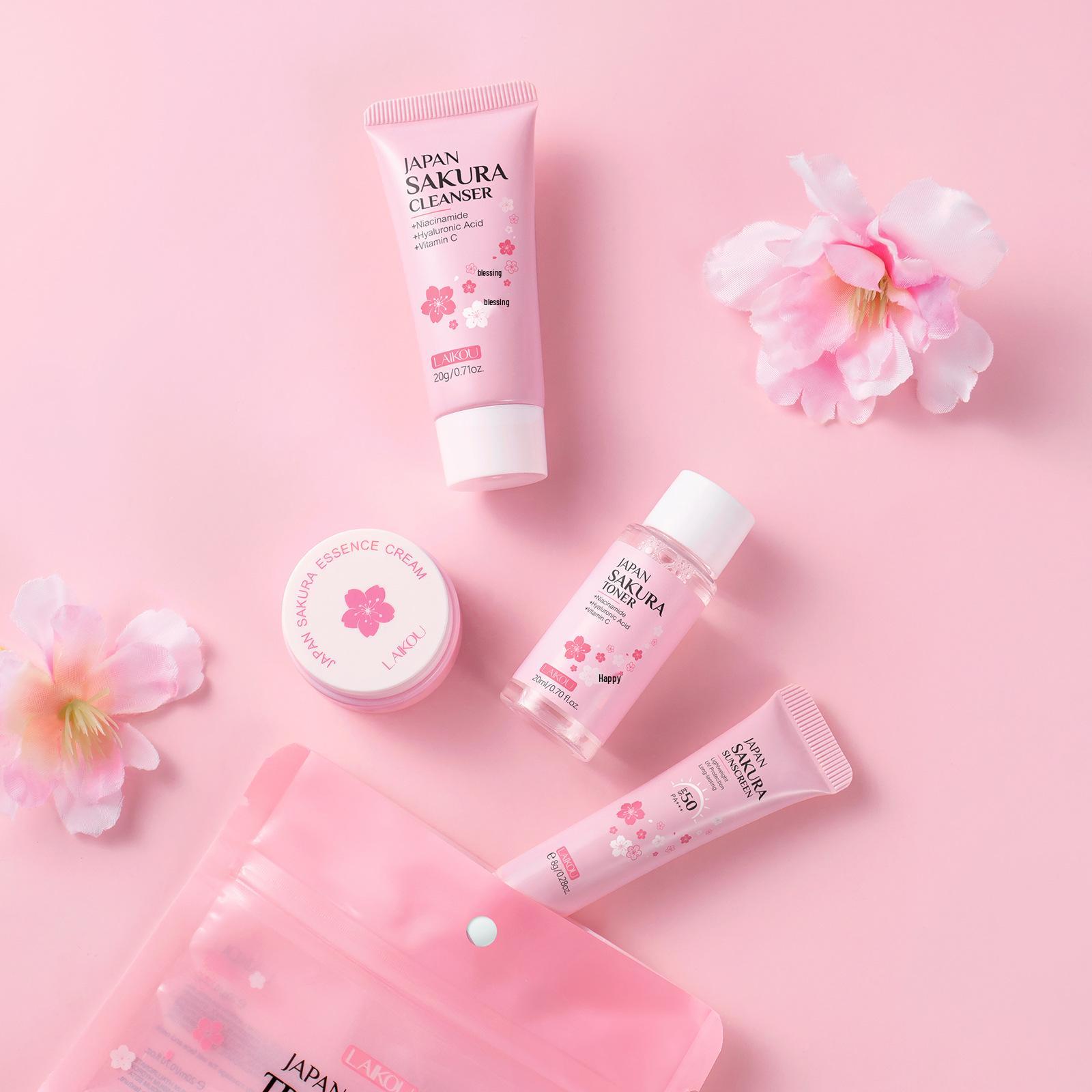 

LAIKOU Japanese Cherry Blossom 4-Piece Travel Facial Care Set - Hydrating & Moisturizing