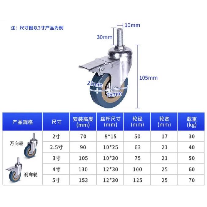 Custom 3 inch universal wheel brake gray rubber wheel 4 inch industrial caster cart pulley roller roller rack silent wheel