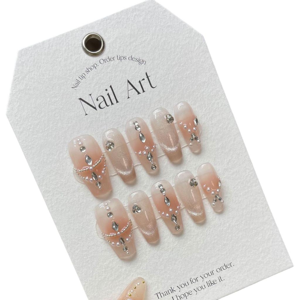 Summer Ice Handmade Translucent Gel Nails: Joyful Blush Cat Eye Micro Beads Flash Art