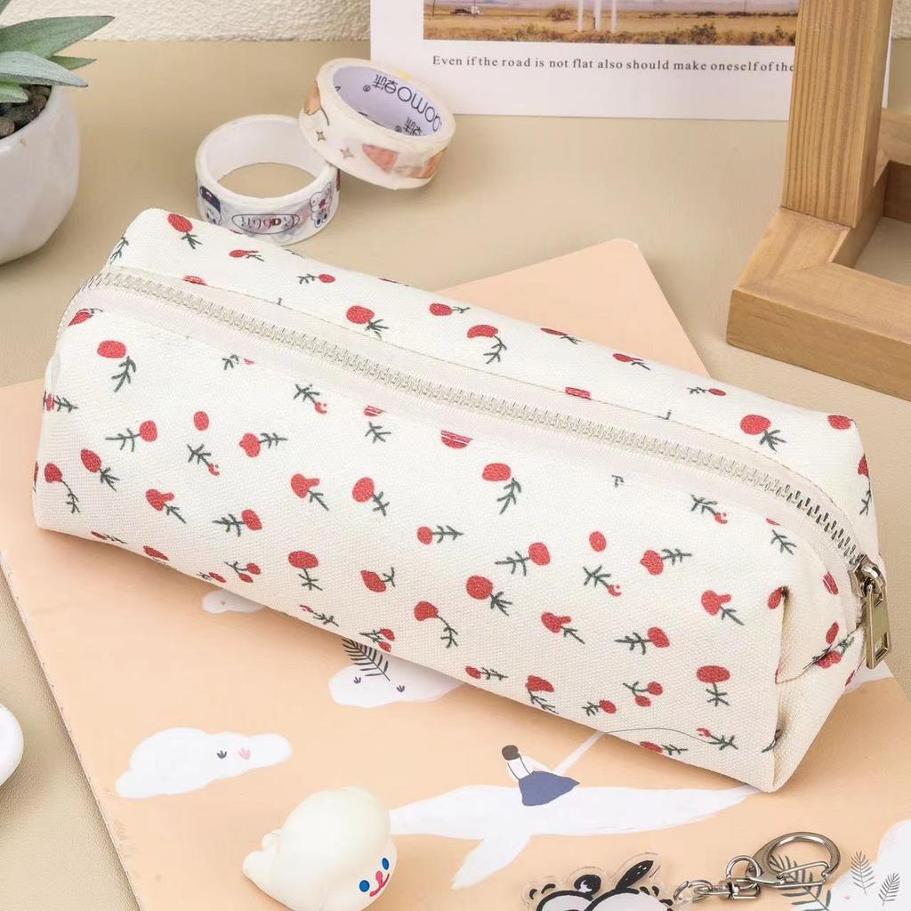Cartoon Floral Printing Pen Bag Student Grils Stationery Bag Large Capacity Pencil Case Multifunctional Stationery Organizer