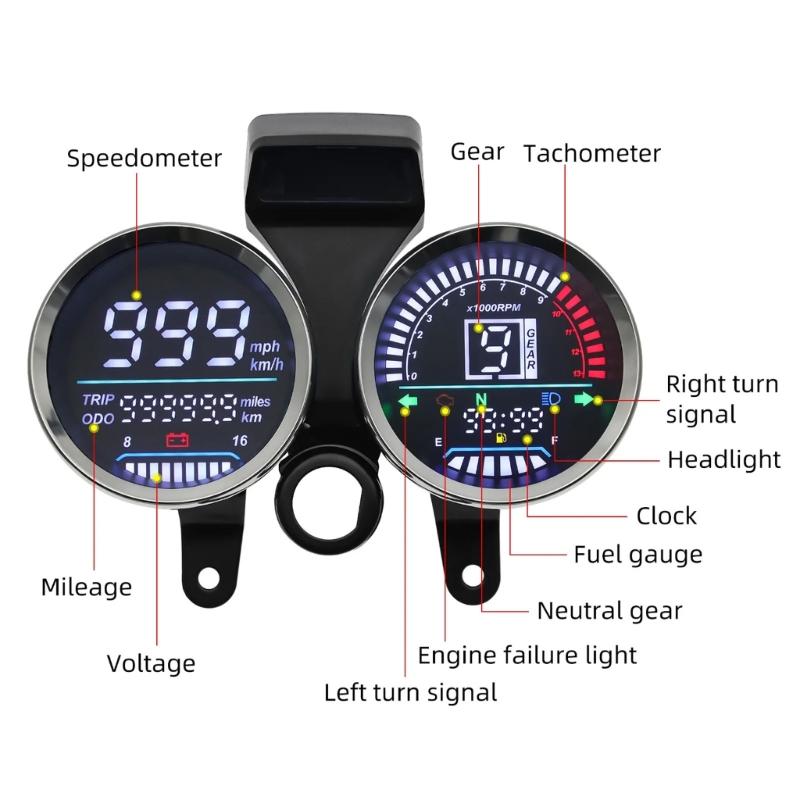 Digital Display Cluster Speedometer Odometer Dashboard Suitable for GN125 Waterproof Motorbike Instrument LED Tachometer