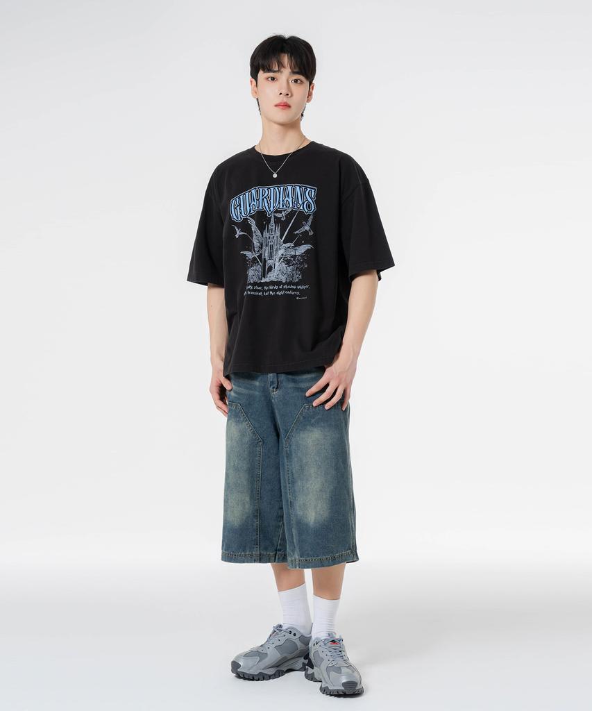 MOZMOZ Guardians Oversized Pigment Short Sleeve T-Shirt Black