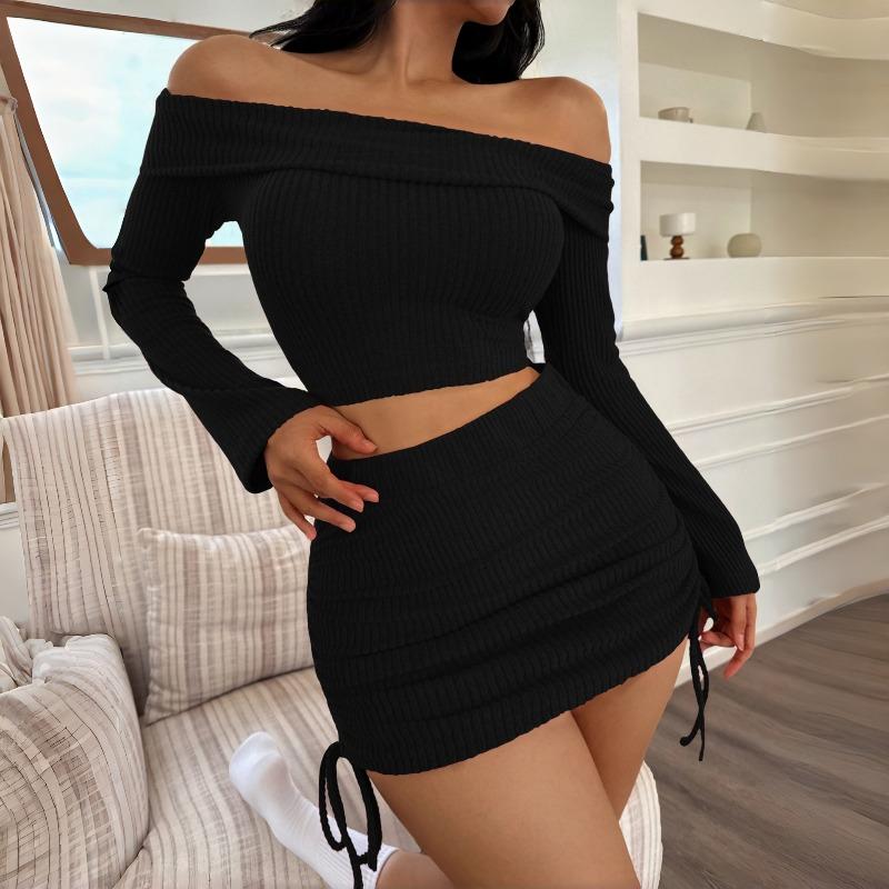 Fashionable and Sexy Knit Cropped Off-the-Shoulder Long-Sleeve Sweater and Skirt Set for Women