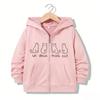 Sleeve Loose Daily Outerwear Kids Fashion Minimal Line Cat Chest Print Zip Up Hooded Jacket Long