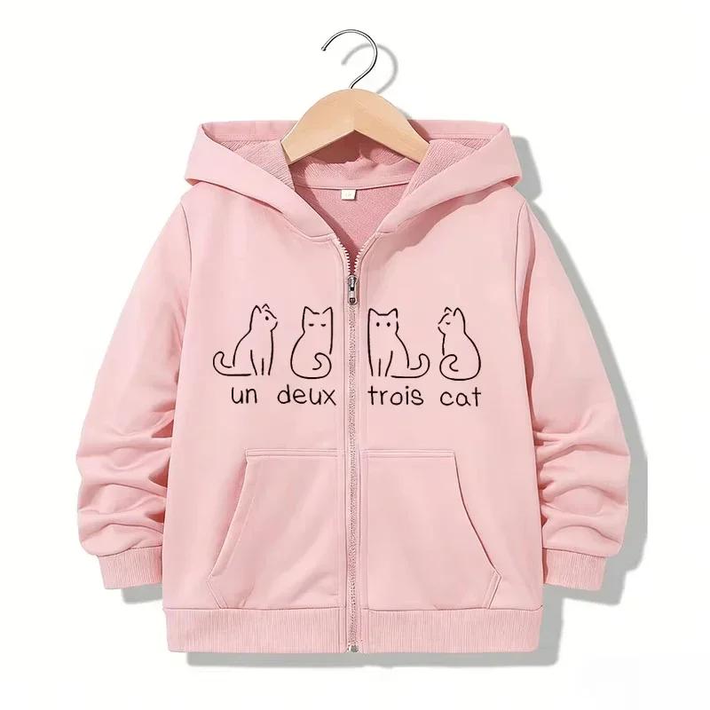 Sleeve Loose Daily Outerwear Kids Fashion Minimal Line Cat Chest Print Zip Up Hooded Jacket Long
