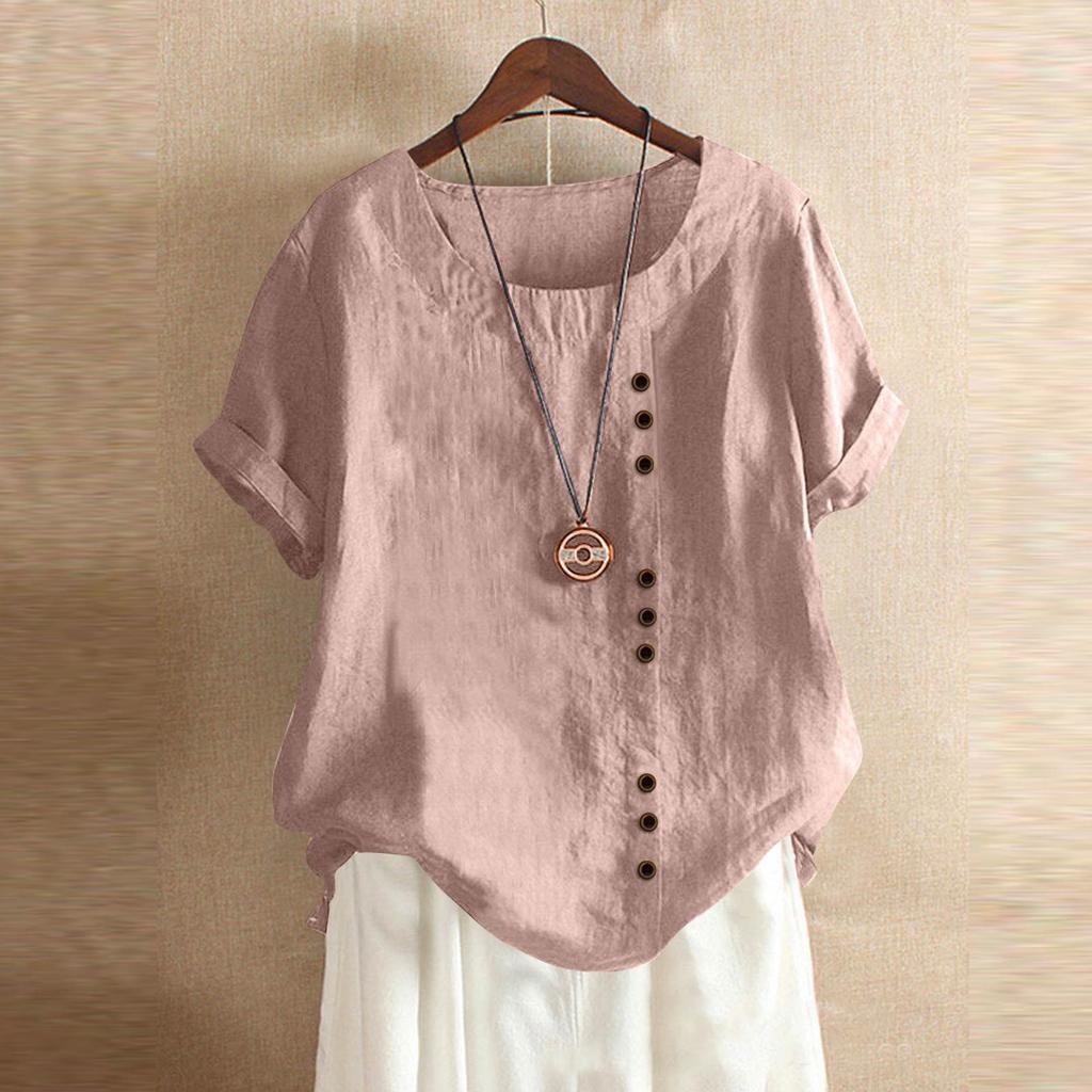 Women's Fashion Casual Solid Color Round Neck Short Sleeve Cotton Linen T-Shirt Top