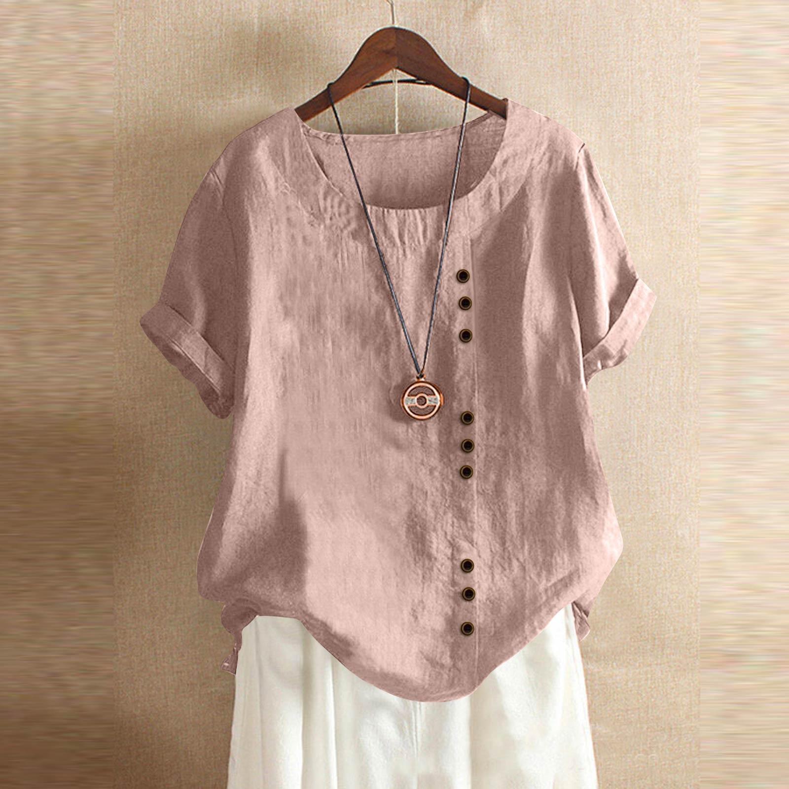 

Women s Fashion Casual Solid Color Round Neck Short Sleeve Cotton Linen T-Shirt Top XXL рожевий