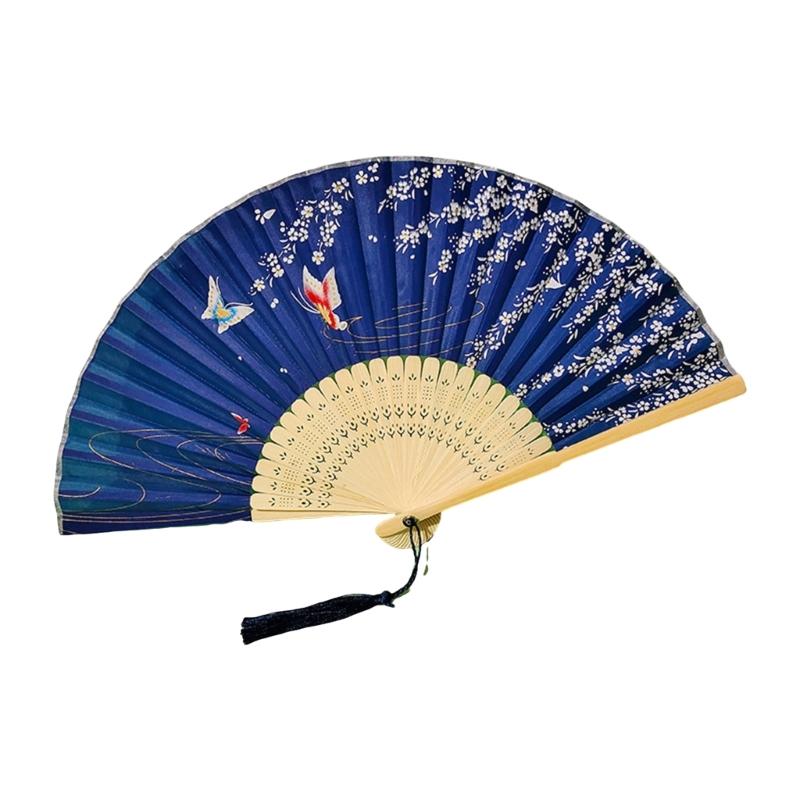 Éventail traditionnel chinois vintage avec pompons Éventail pliant portable Éventail de danse pour femmes Mariages Bals de fin d'études Photographie