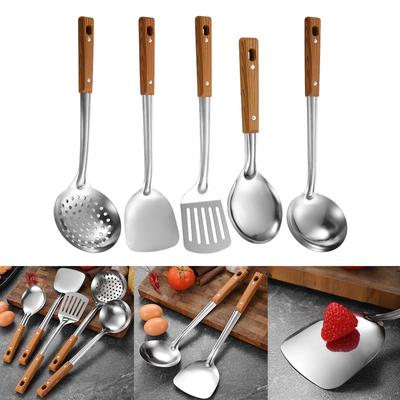 5Pcs Kitchen Cooking Utensils Set Wok Spatula Soup Ladle Colander with Wood Handle Stainless Steel Cooking Tools