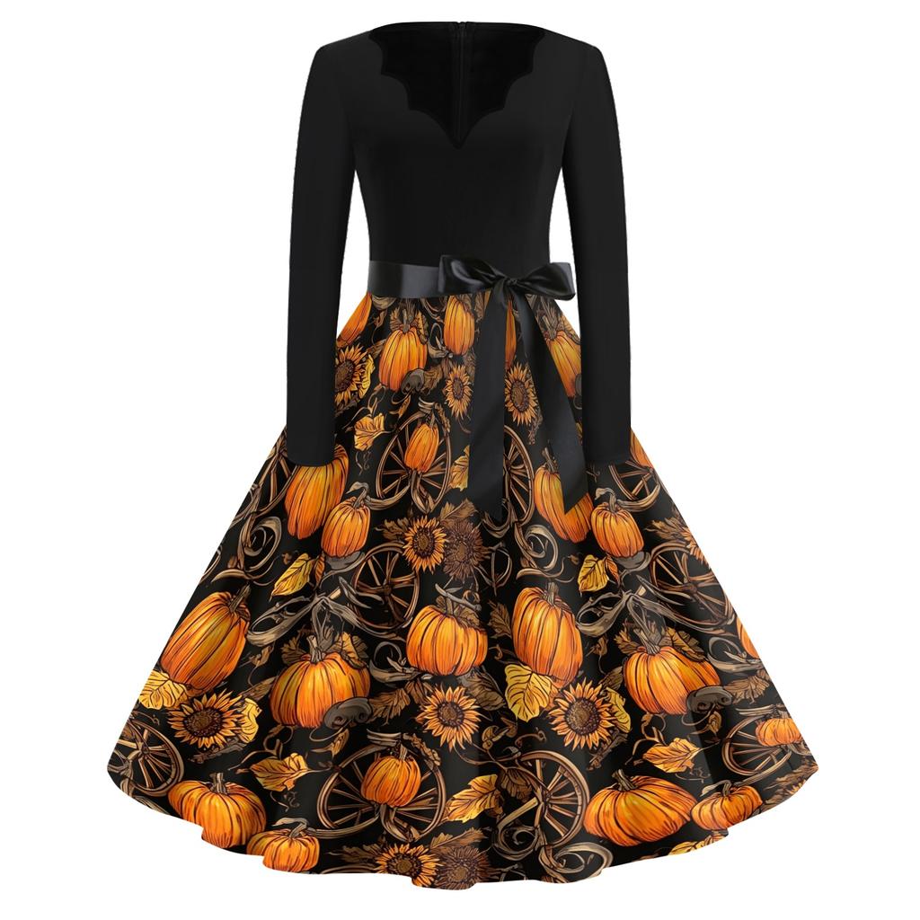 Women's Casual Vintage Halloween Dress V Neck Long Sleeve Bat Print A Line Skirt Retro Style Belted Waist Swing Dress