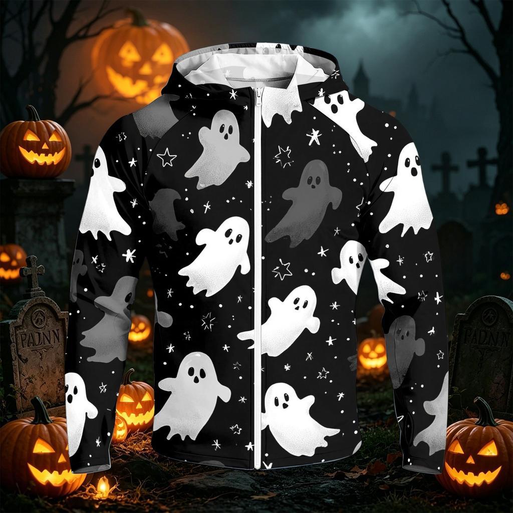 Men's Casual Raglan Sleeve Hooded Long Sleeve Sun Protection Jacket Halloween Print Lightweight Outdoor Zip Up Hoodie