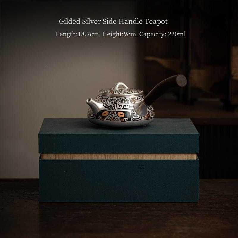 Silver Tea Set 999 Pure Silver Side Handle Stone Ladle Teapot Handmade Gilded Silver Teapot Household KungFu Teapot Tea Ceremony